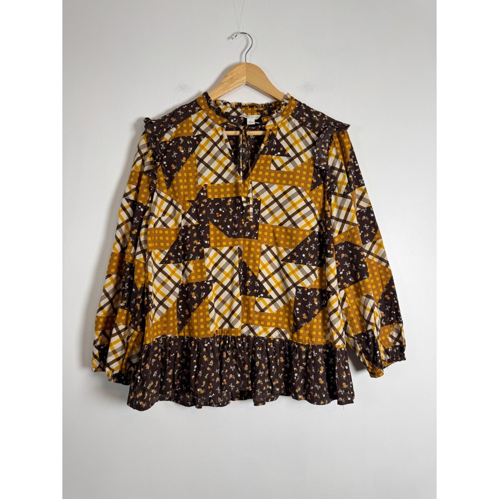 Cottagecore Cato Womens Large Blouse Brown Mustard Patchwork Plaid Floral Peplum